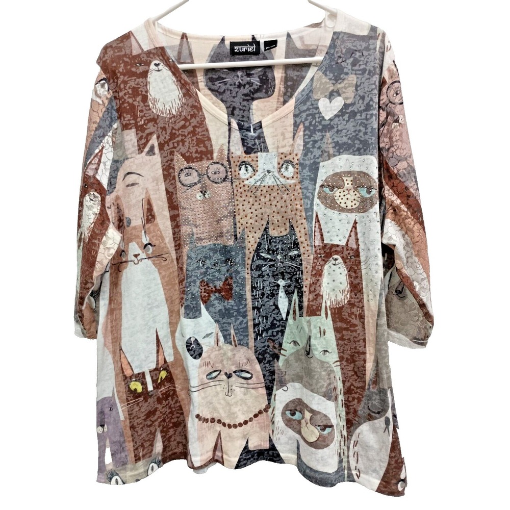 Zuriel Wearable Art Cat Pint Top Womens Plus OS Rhinestone Burnout 3/4 Sleeve
